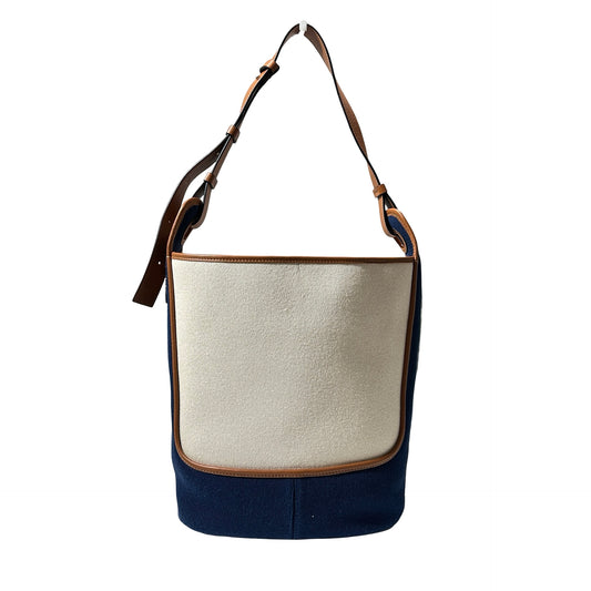 Used LOEWE Canvas Paula's Ibiza Balloon Hobo Bucket Bag Navy Blue Beige PHW