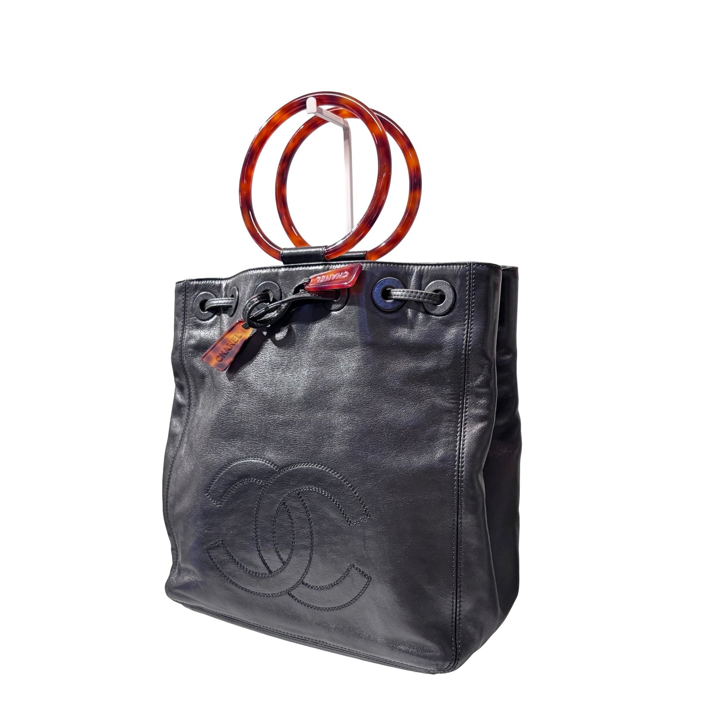 Used CHANEL Calfskin Leather Top Handle Village Shoulder Bag Black