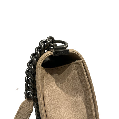Used Chanel Caviar Leather Boy 25 Shoulder Bag Beige PHW