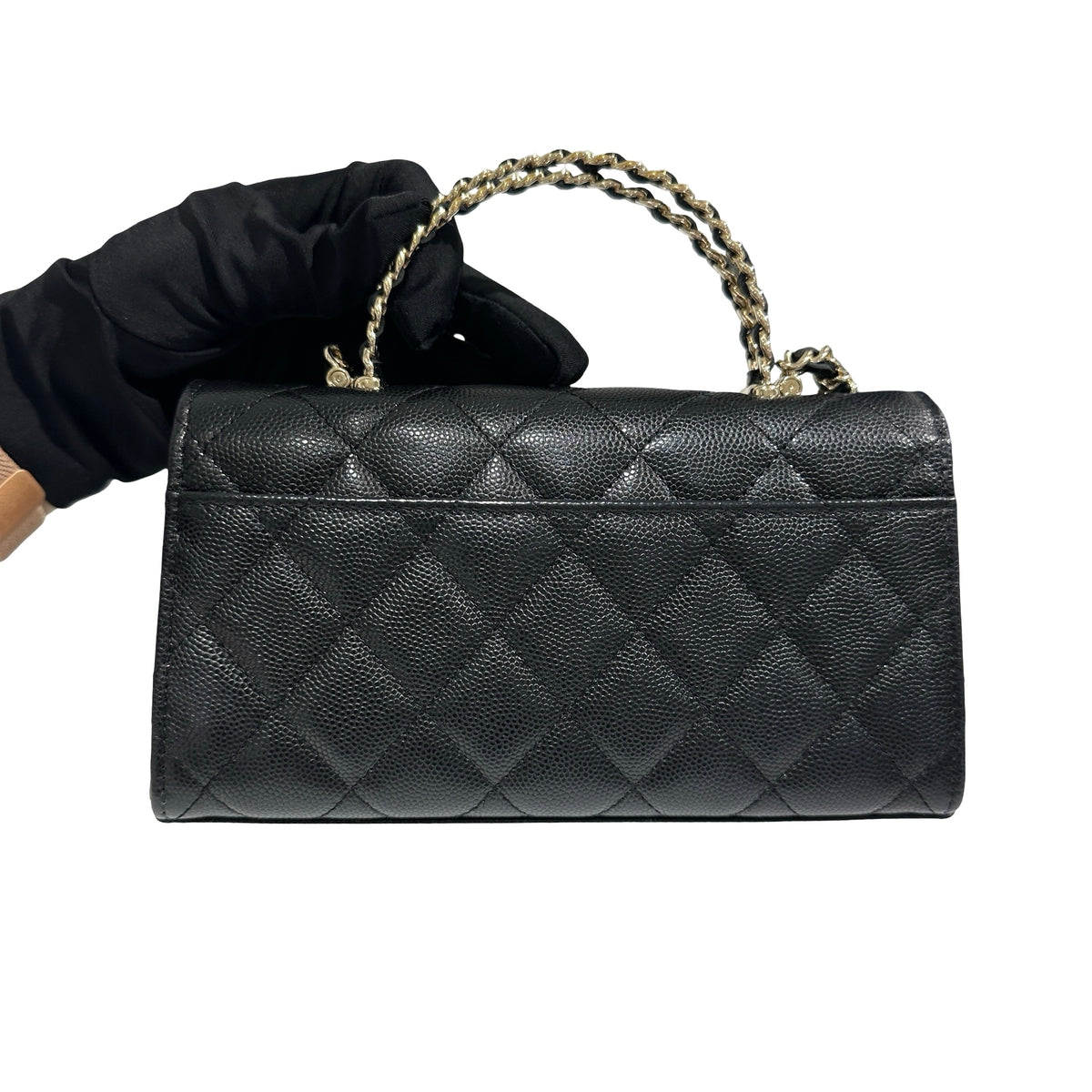 Used CHANEL Quilted Caviar Handle Classic Flap Handbag Black Gold
