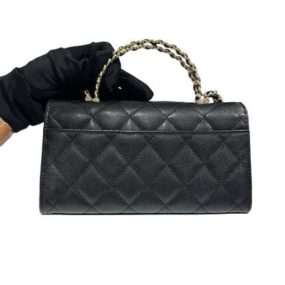 Used CHANEL Quilted Caviar Handle Classic Flap Handbag Black Gold