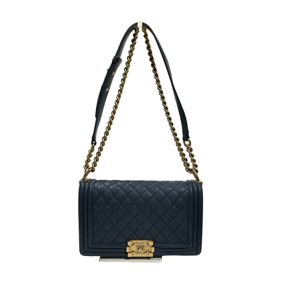 Used Chanel Calfskin Leather Boy 25 Shoulder Bag GHW Blue