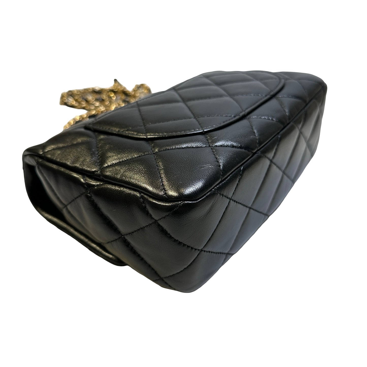 Used CHANEL Quilted Lambskin Top Handle Flap Bag Handbag Black
