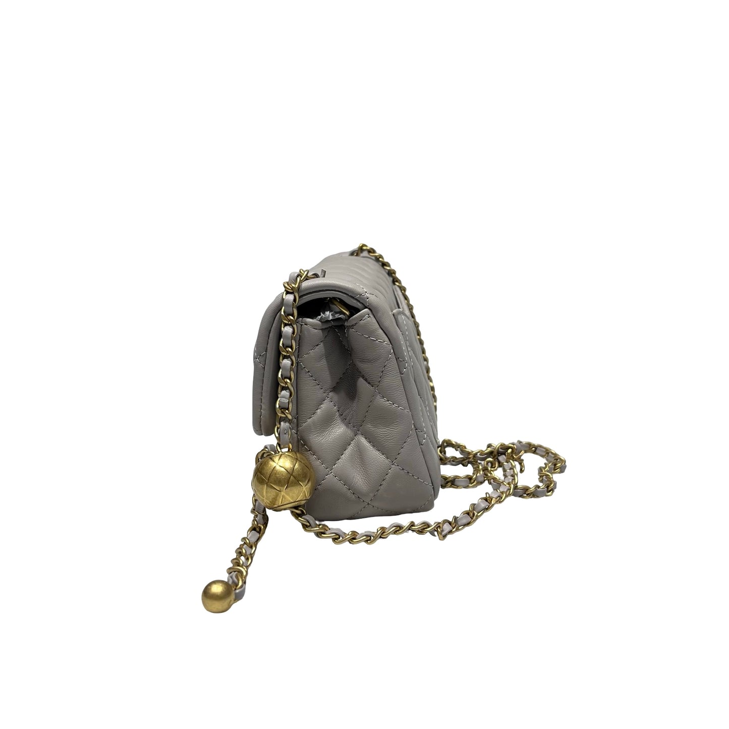 Unused CHANEL Lambskin Leather Mini Flap with Gold Ball Cross Body Bag Grey GHW