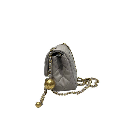 Unused CHANEL Lambskin Leather Mini Flap with Gold Ball Cross Body Bag Grey GHW