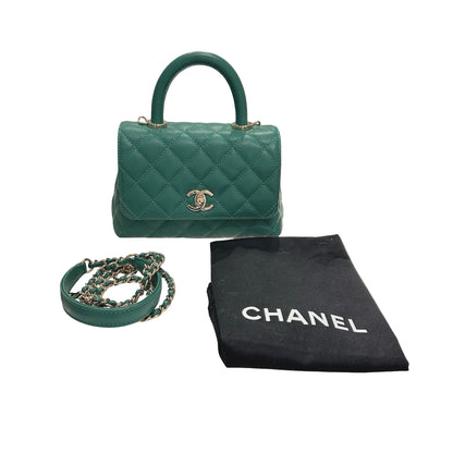 Used CHANEL Calfskin Leather Mini coco handle Two Way Shoulder Bag Green GHW