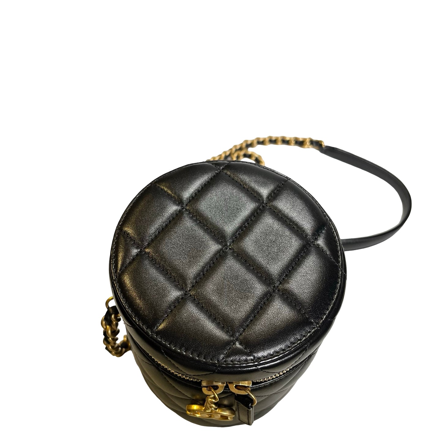 Used CHANEL Diamond Quilted Lambskin Cylindrical Vanity Case with Chain Vanity case Black GHW
