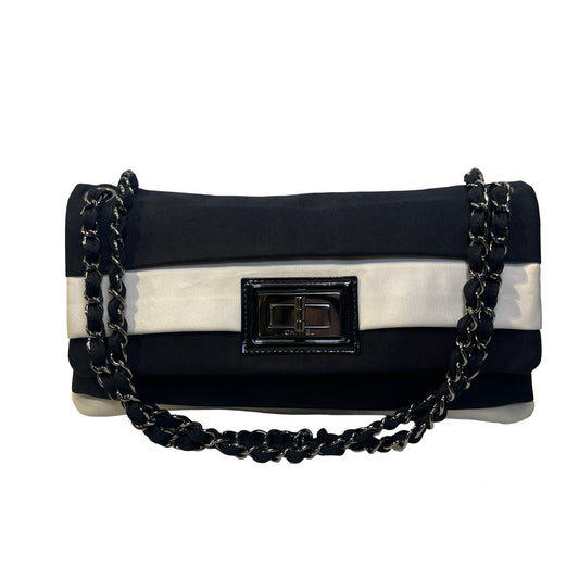 Used CHANEL Stripes Grosgrain Ribbon 2.55 Reissue Shoulder Bag Black White Silver