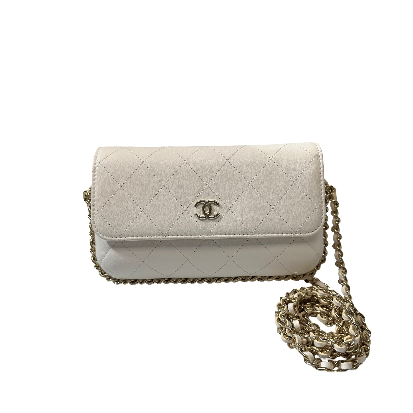 Used CHANEL Lambskin Leather Used Chanel FLAP Cross Body Bag GHW White