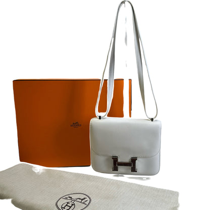 Used HERMES Leather Crocodile Mini Constance Cross body bag White Brown Silver