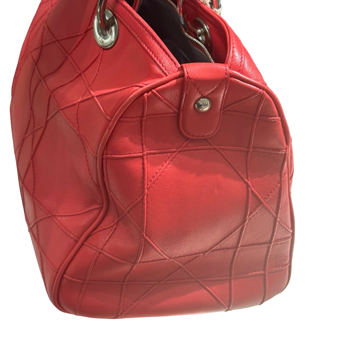Used DIOR Lambskin Leather Cannage Granville Boston Two Way Shoulder Bag Red GHW