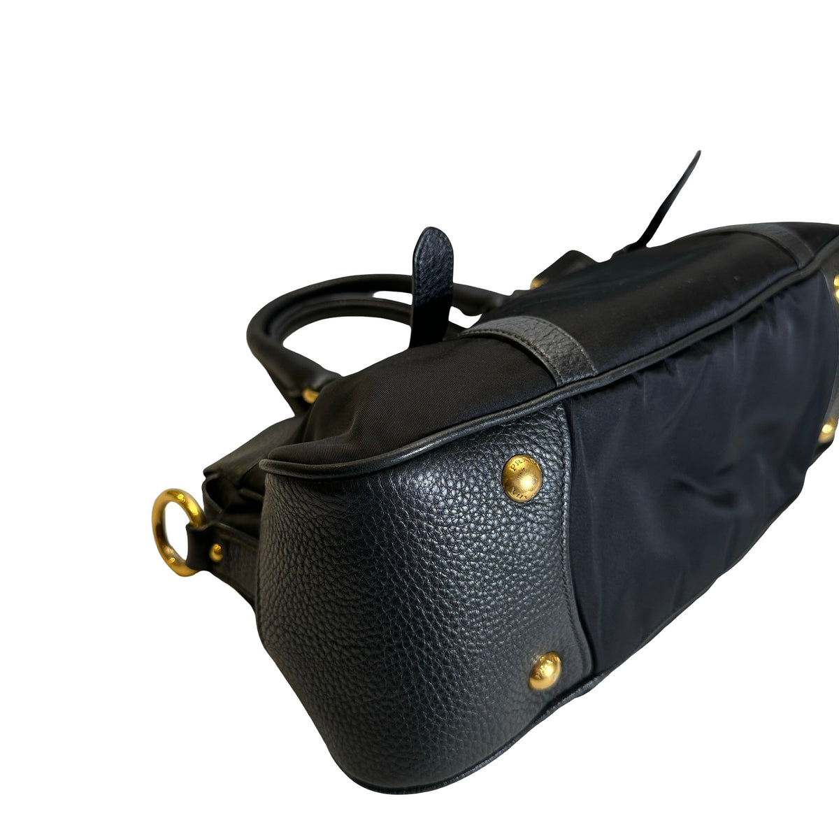 Used PRADA Nylon Leather Tessuto Vitello Daino Satchel Handbag Black Gold