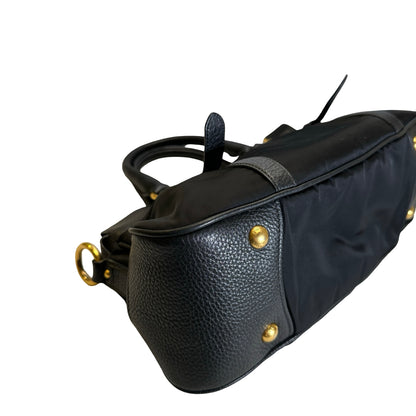 Used PRADA Nylon Leather Tessuto Vitello Daino Satchel Handbag Black Gold