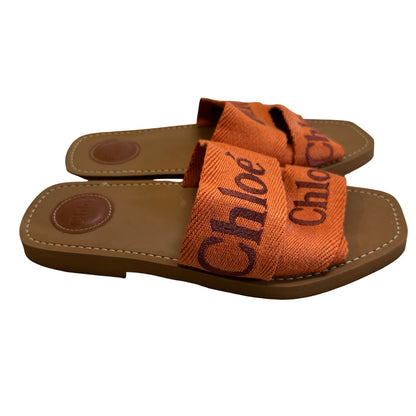 Used CHLOE Logo Woody Flat Mule Shoes Orange Brown