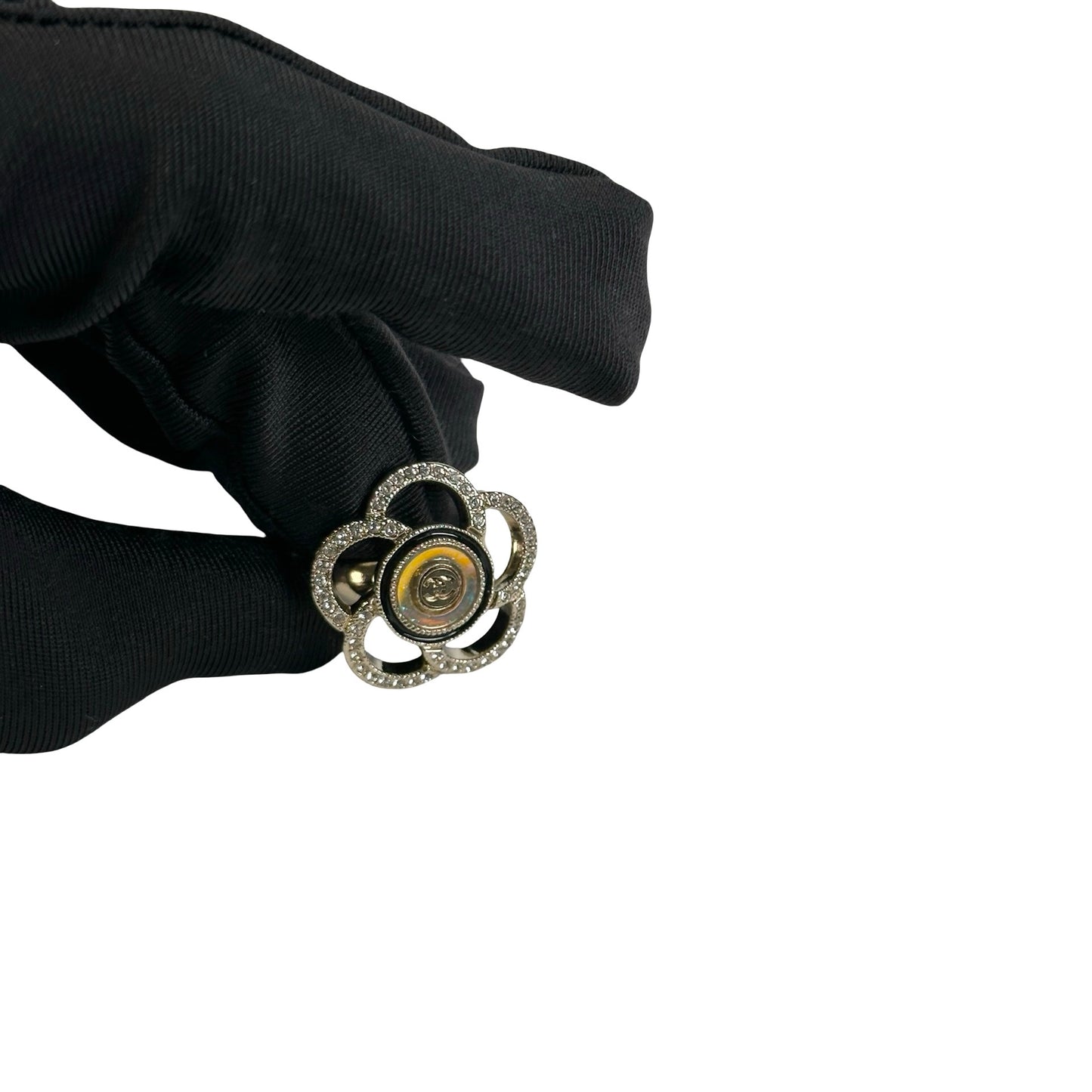 Used CHANEL Camellia Crystal Ring Ring Gold
