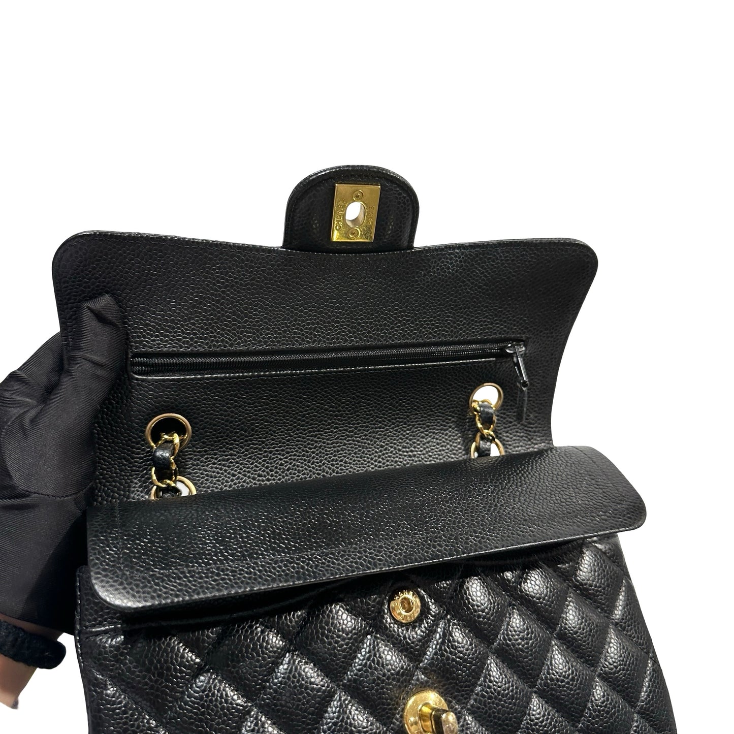 Used CHANEL Caviar Quilted CF23 Chain Shoulder Bag Black Gold
