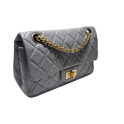 Used CHANEL Calfskin Leather Mini 2.55 Chain Shoulder Bag Grey GHW