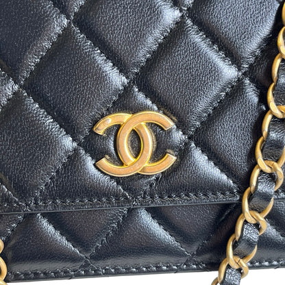 Used CHANEL Matelasse Quilted Lambskin Wallet On Chain Wallet on chain Black Gold