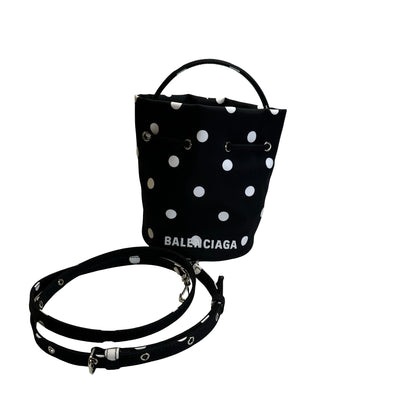 Used BALENCIAGA Polka Dot Wheel Drawstring Bucket Bag Bucket Bag Black White