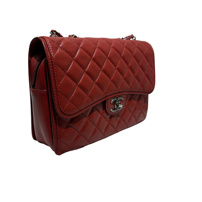 Used CHANEL Lambskin Large Citizen Zip Double Flap Bag Chain Shoulder Bag Red PHW