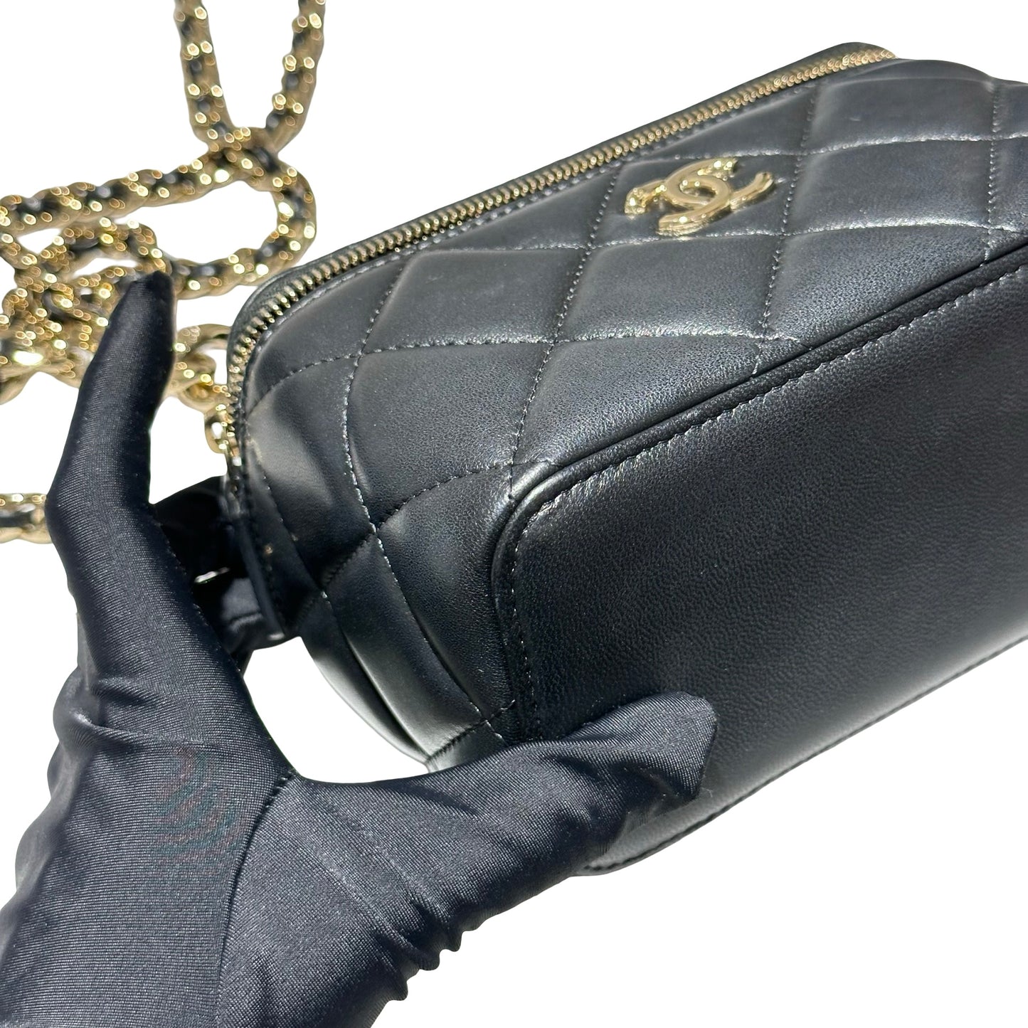 Used CHANEL Lambskin Leather Vanity Case Cross Body Bag Black GHW