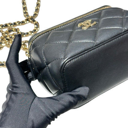 Used CHANEL Lambskin Leather Vanity Case Cross Body Bag Black GHW