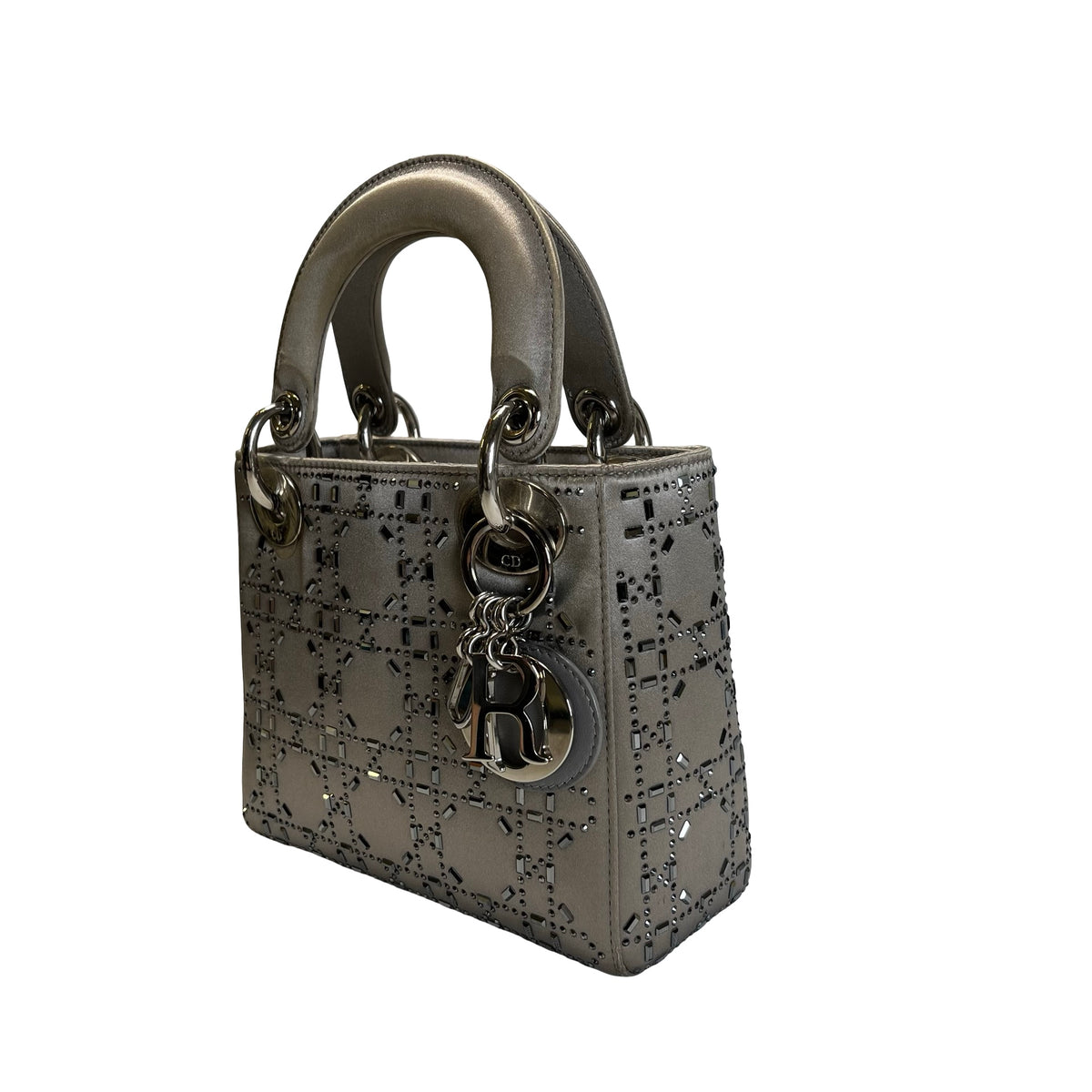 DIOR Cannage Studded Lady Dior Handbag Grey Silver