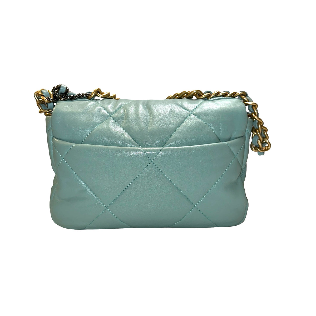 Used CHANEL Lambskin Quilted Chanel 19 Chain Shoulder Bag Light Blue Gold