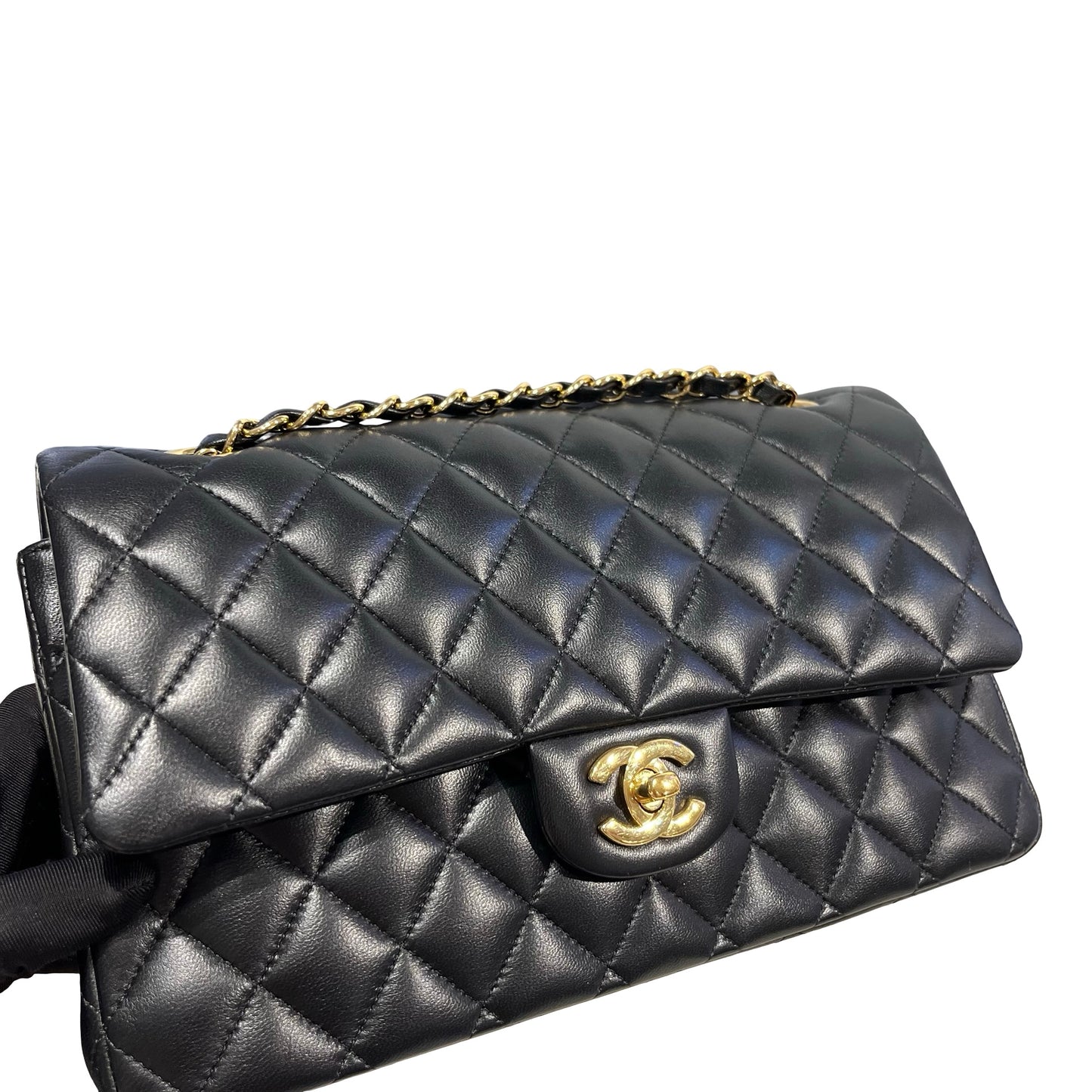 Used CHANEL Quilted Lambskin Classic Flap Chain Shoulder Bag Black Gold