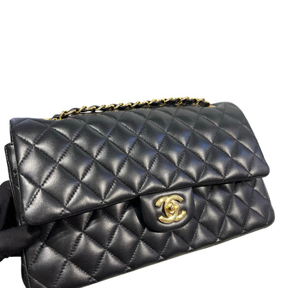 Used CHANEL Quilted Lambskin Classic Flap Chain Shoulder Bag Black Gold