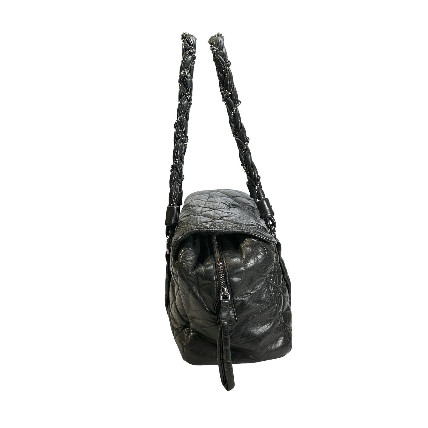 Used CHANEL Quilted Quilted Aged Calfskin Bowler Bag Handbag Black