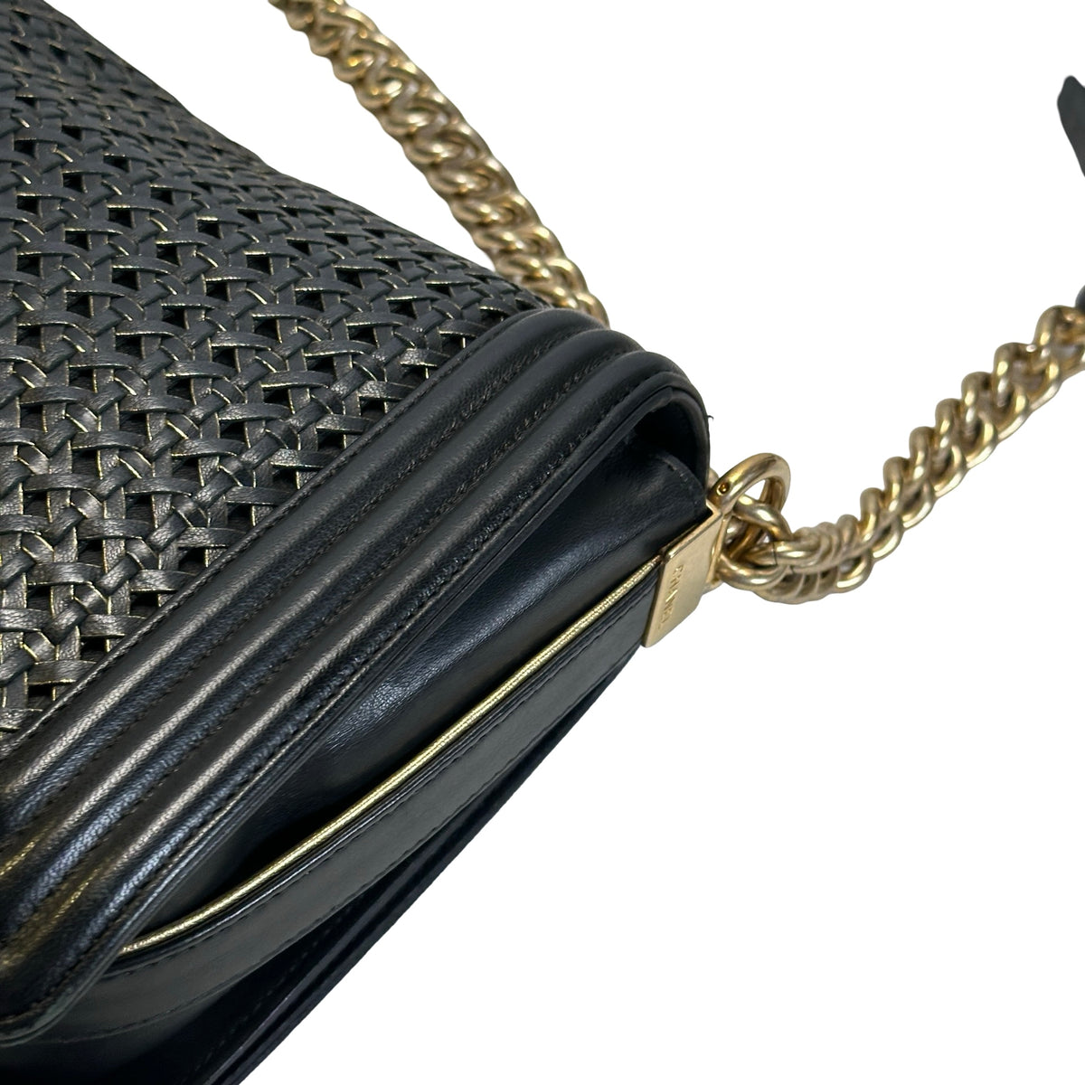 Used CHANEL Woven Leather Boy Chain Shoulder Bag Black Gold