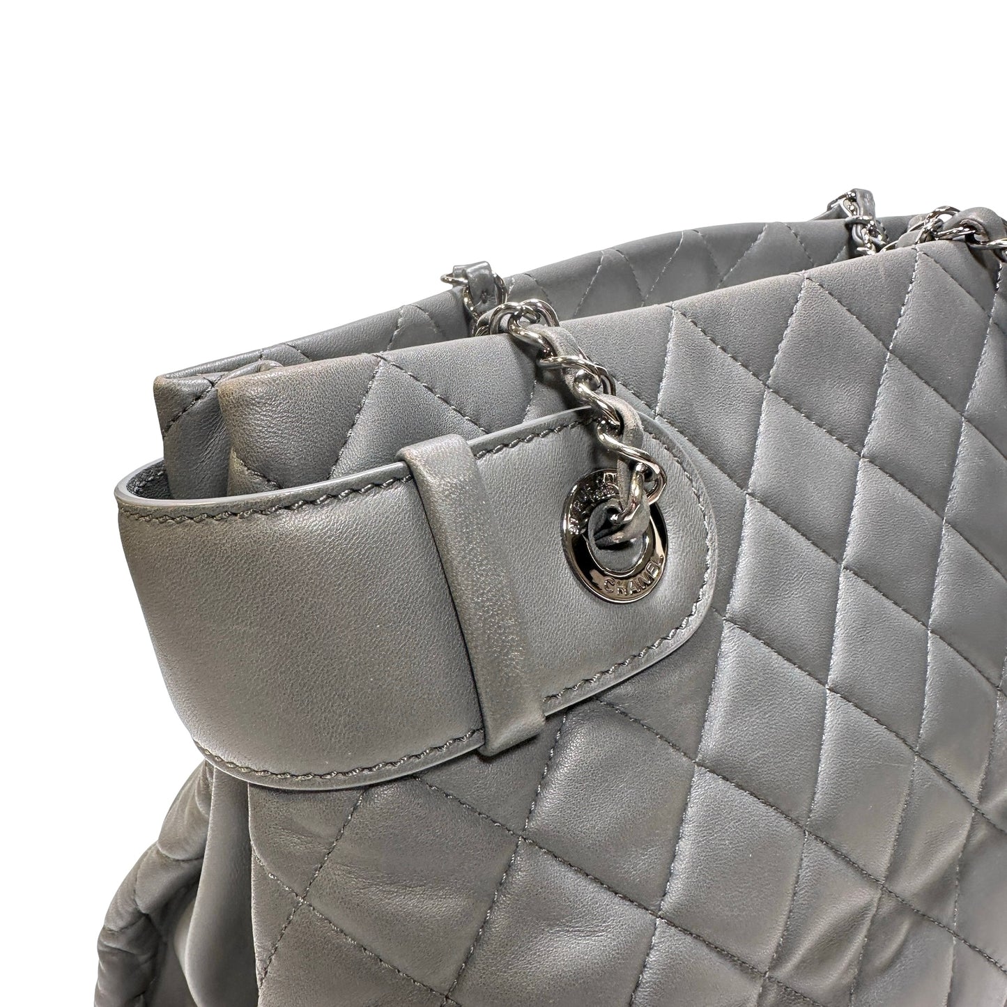 Used CHANEL Lambskin Leather Grey Tote Bag Grey PHW
