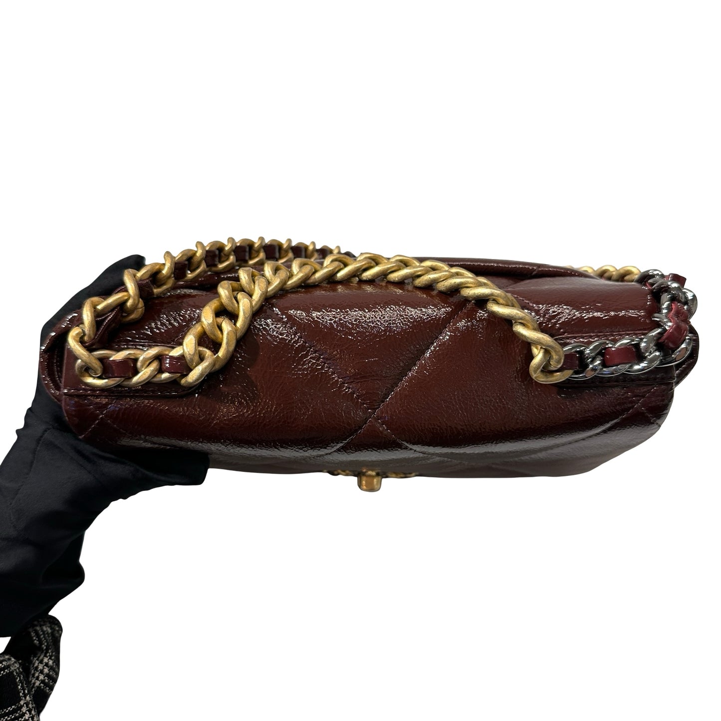 Used CHANEL Waxed Calfskin 19 Small Chain Shoulder Bag Brown GHW