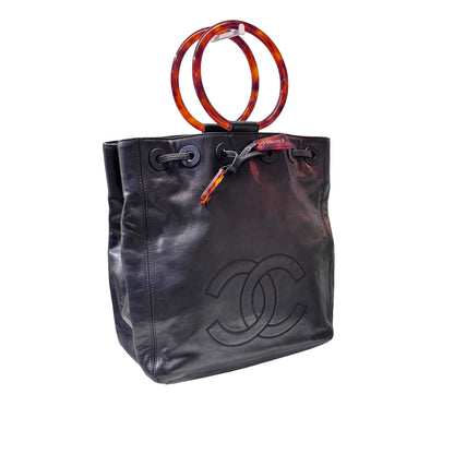 Used CHANEL Calfskin Leather Top Handle Village Shoulder Bag Black
