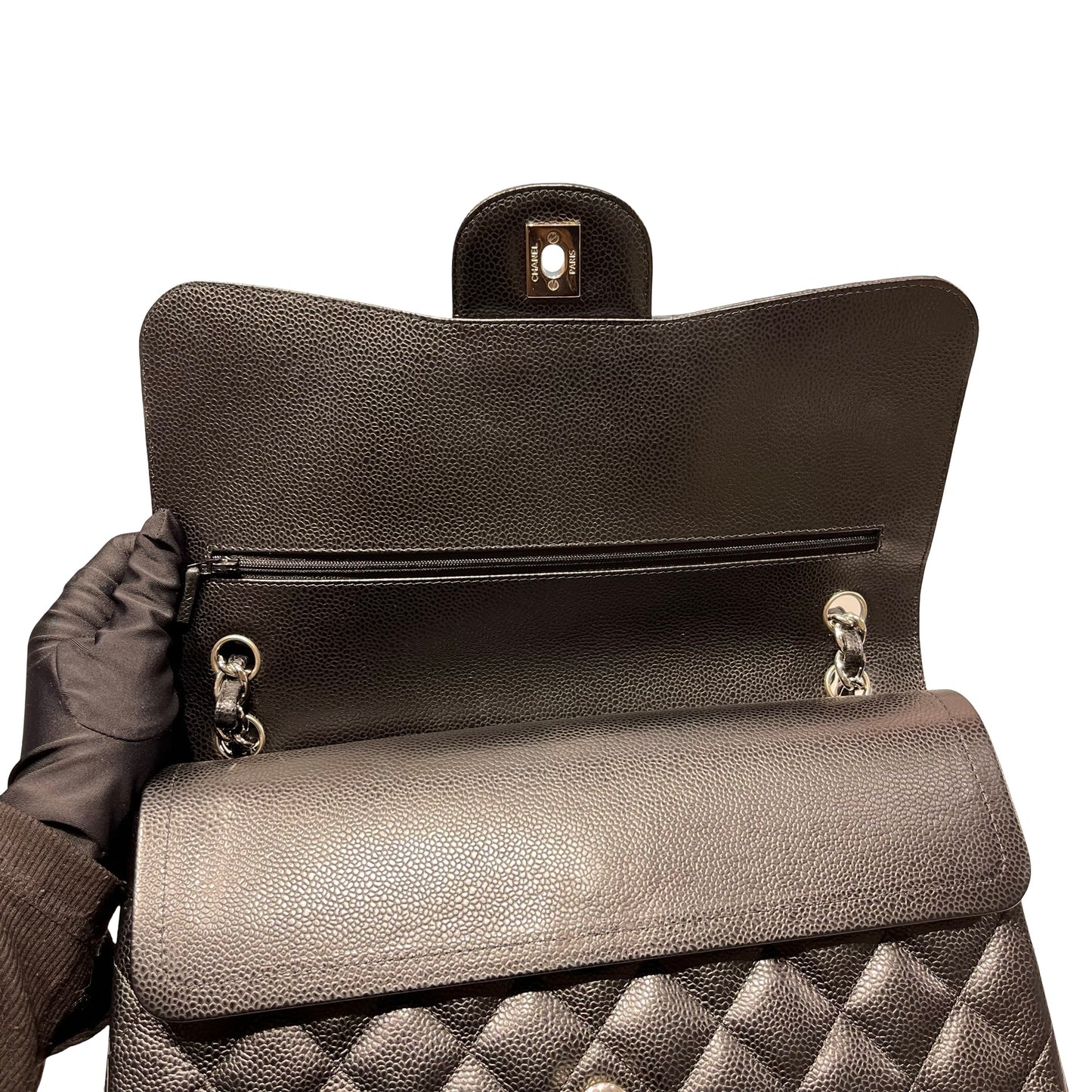 Used Chanel Caviar Leather Jumbo Shoulder Bag Black PHW