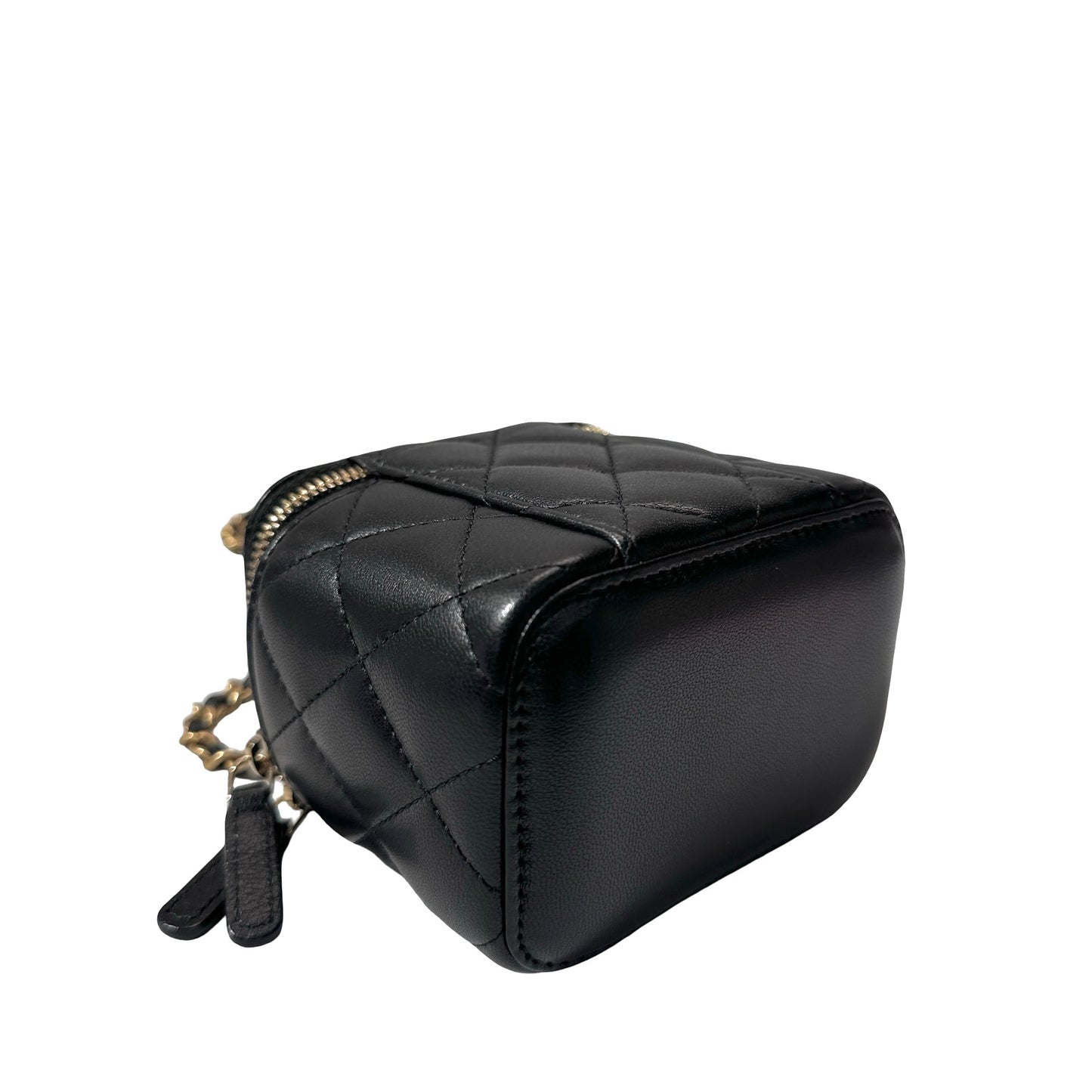 Used CHANEL Lambskin Leather Vanity Case with Gold Ball Cross Body Bag Black GHW