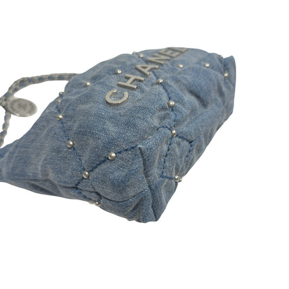 Used CHANEL Denim Quilted Studded Chanel 22 Mini Bag Blue Silver