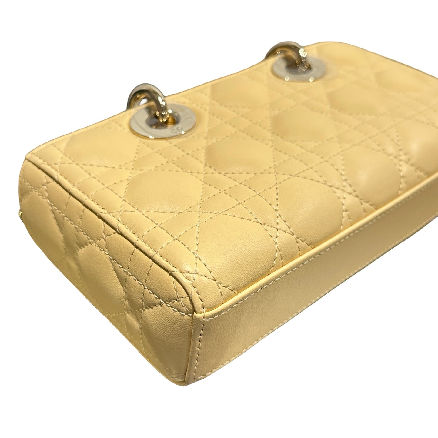 Used DIOR Lambskin Leather LADY D-JOY MINI Two Way Shoulder Bag Yellow PHW
