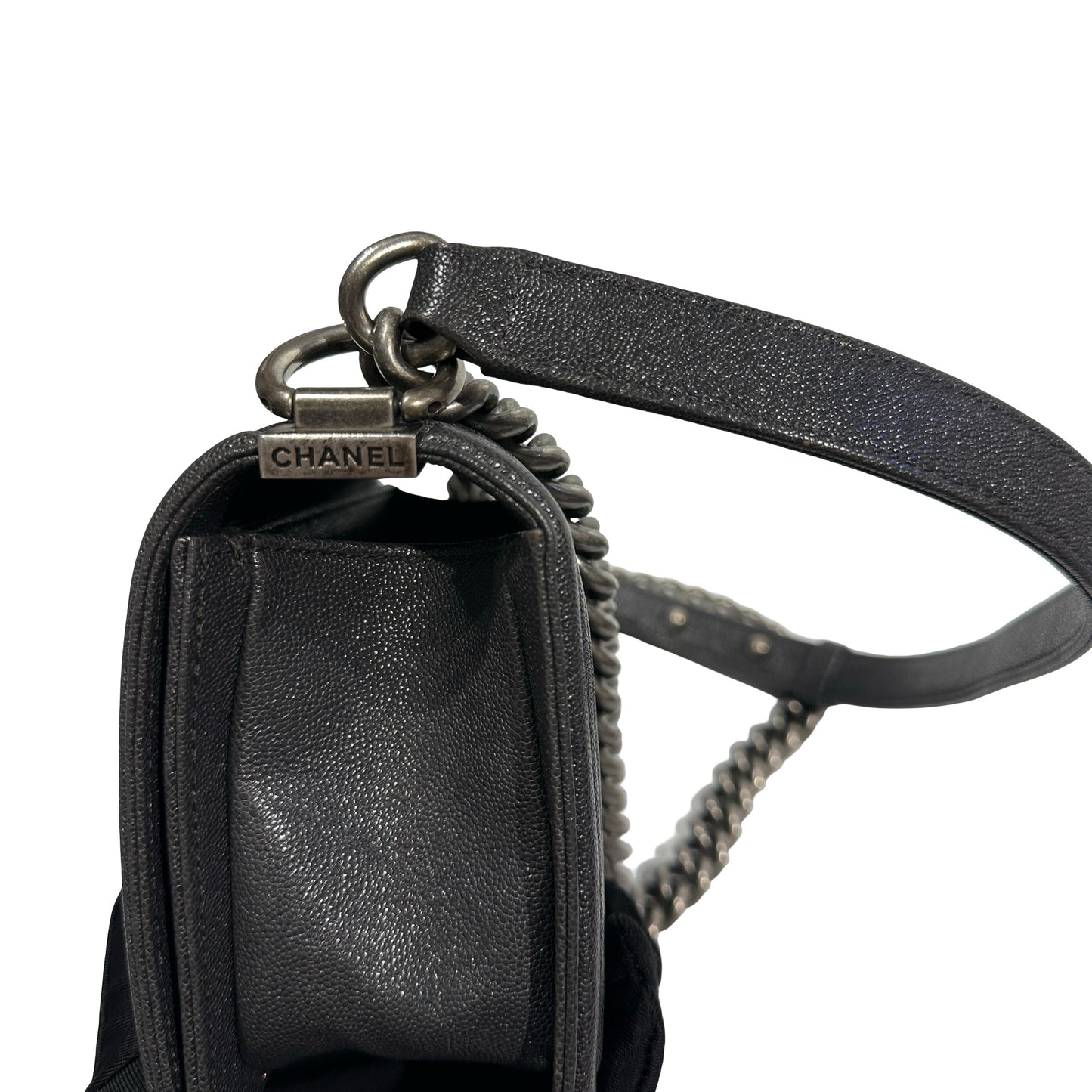 Used Chanel Calfskin Leather Boy 20cm Shoulder Bag PHW Grey