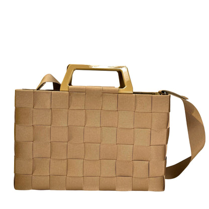 Used SALVATORE FERRAGAMO Woven Checkerboard Woven Grosgrain Ribbon Bag Handbag Gold Beige PHW