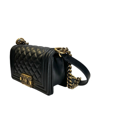 Used CHANEL Lambskin Boy 20 Shoulder Bag Black GHW