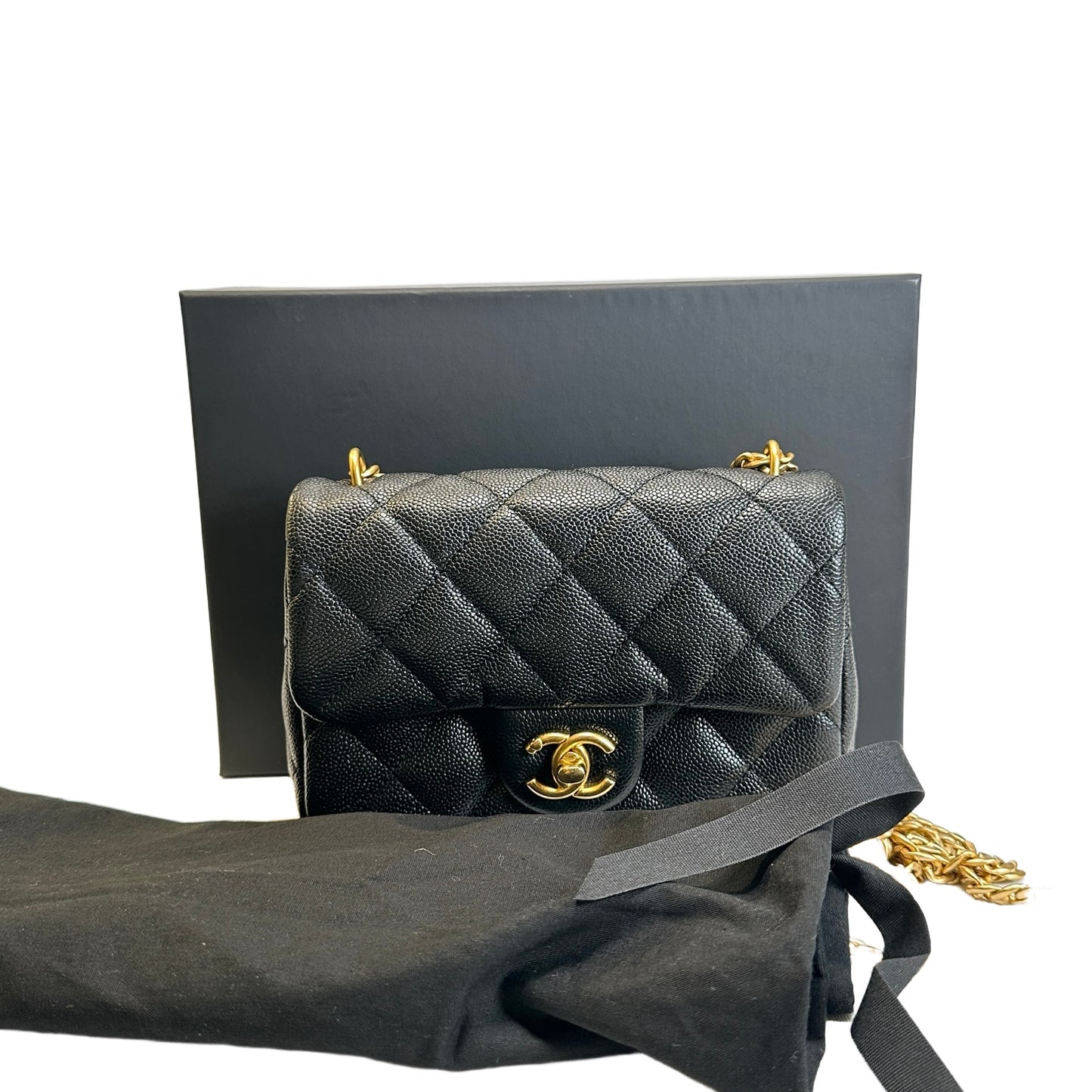 Used CHANEL Caviar Quilted Mini Flap Bag Chain Shoulder Bag Black Gold