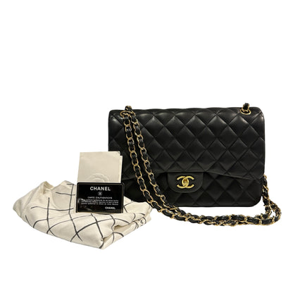 Used CHANEL Lambskin Quilted Jumbo Shoulder Bag Black Gold
