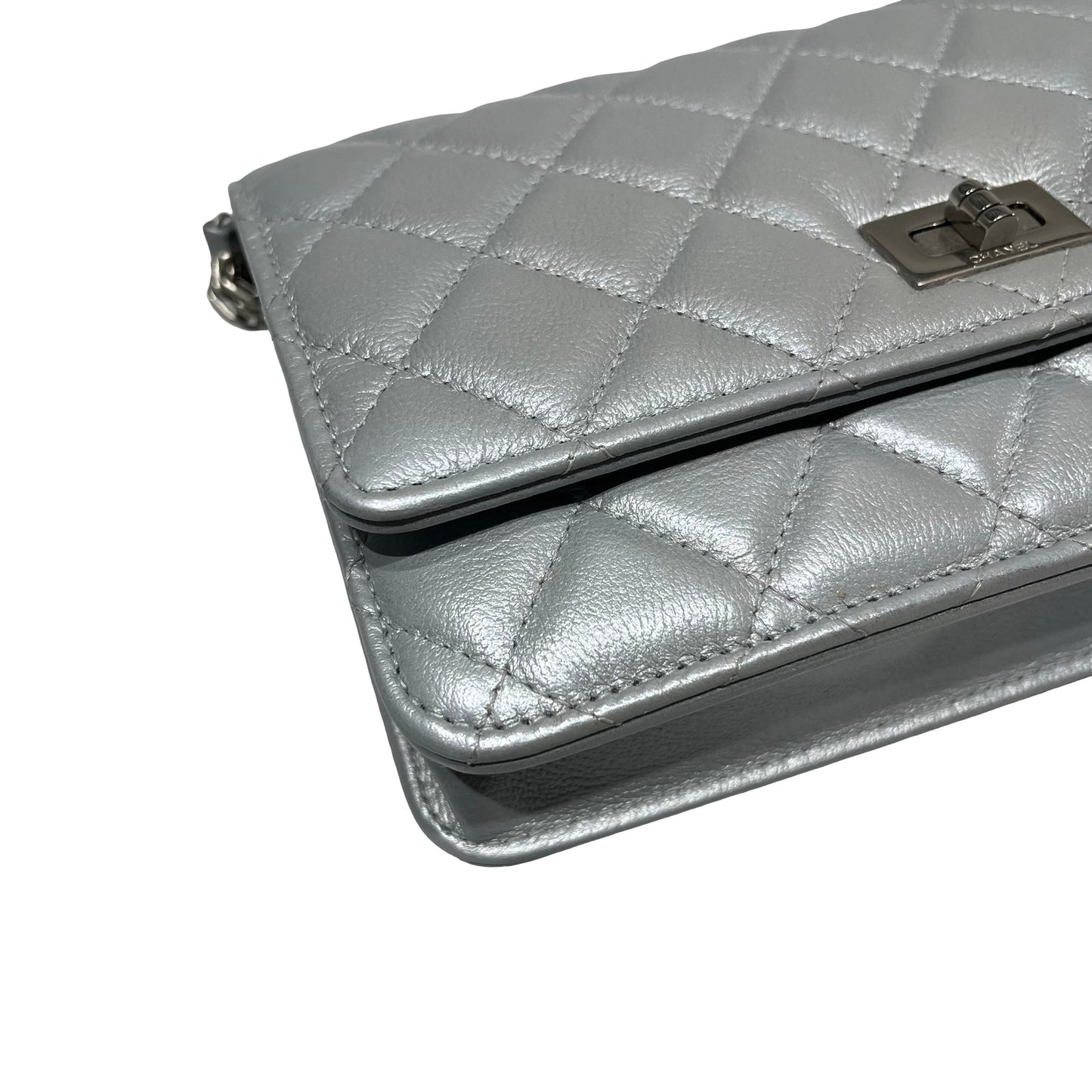 Used CHANEL Calfskin Leather 2.55 WOC Cross Body Bag Grey PHW