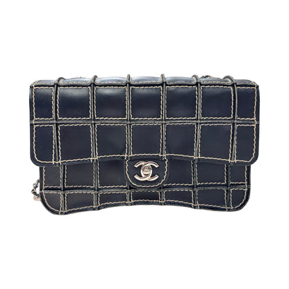 Used CHANEL Calfskin Leather Square Stitch Flap Chain Shoulder Bag Black GHW