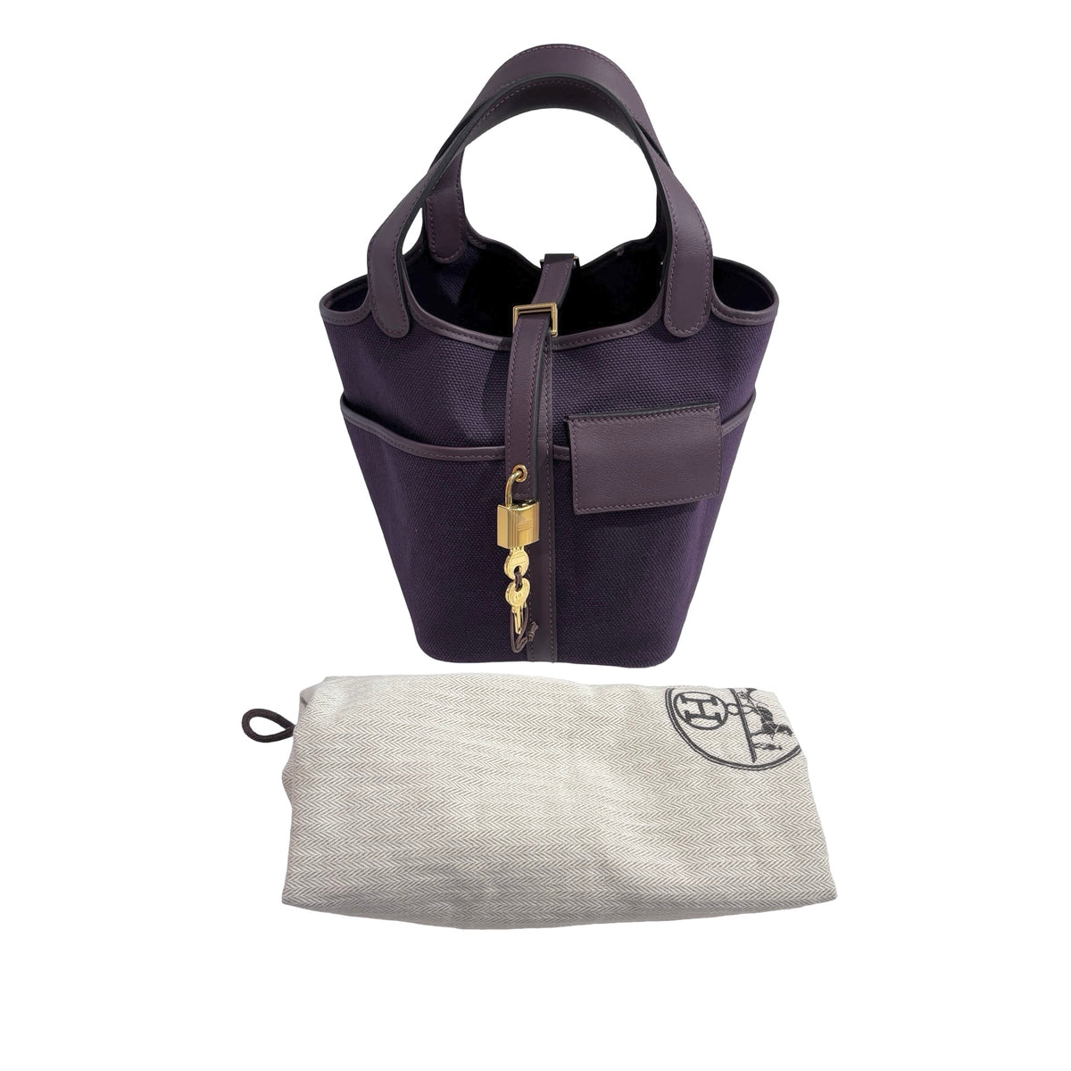 Used HERMES Canvas Leather Cargo Picotin 18 Bucket Bag Purple GHW