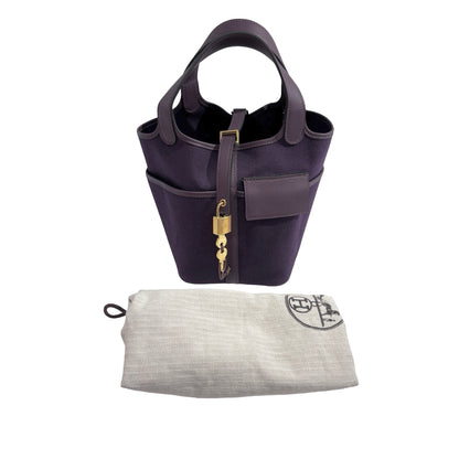 Used HERMES Canvas Leather Cargo Picotin 18 Bucket Bag Purple GHW