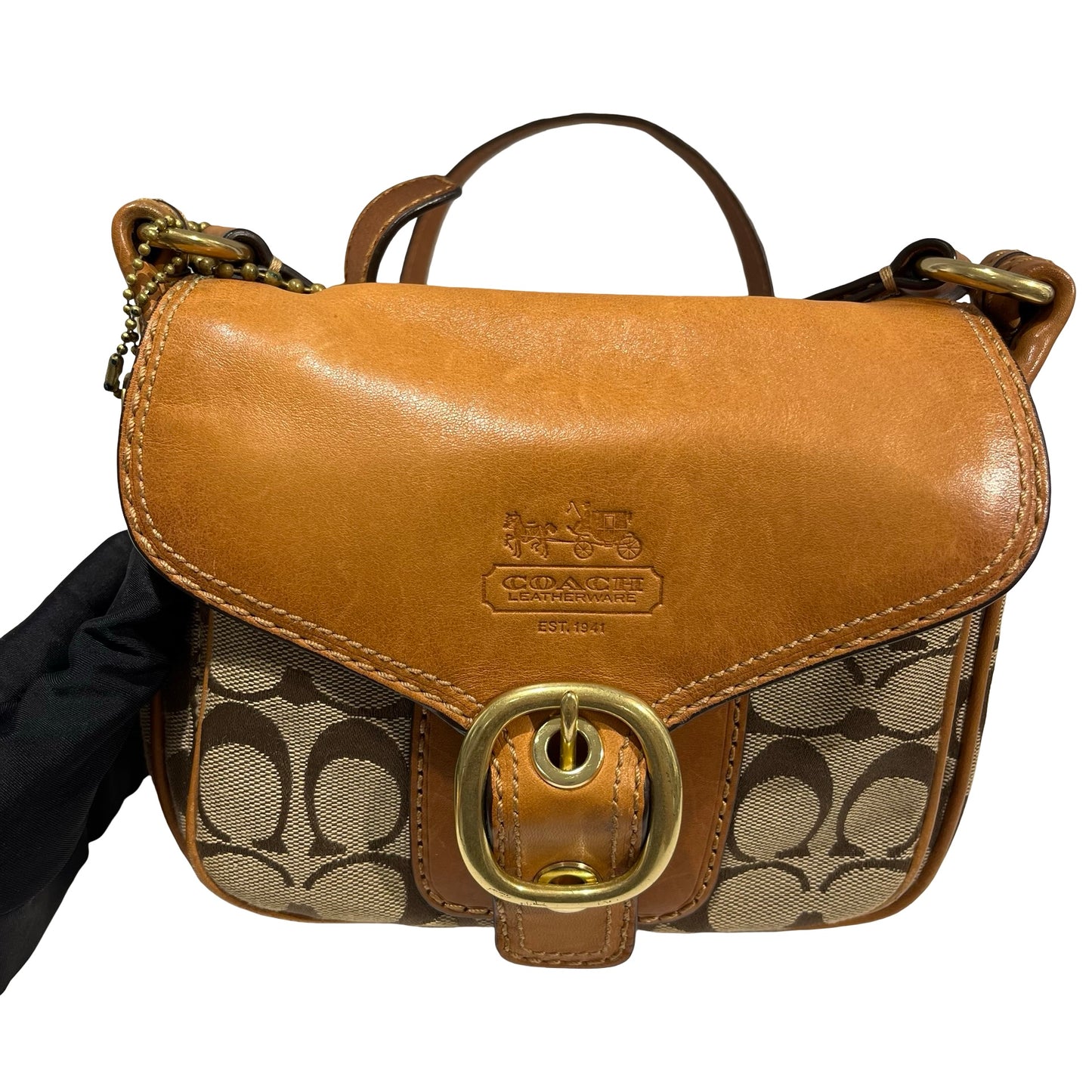 Used COACH Signature Canvas Leather Signature Canvas Flap Bag Crossbody Bag Brown Beige