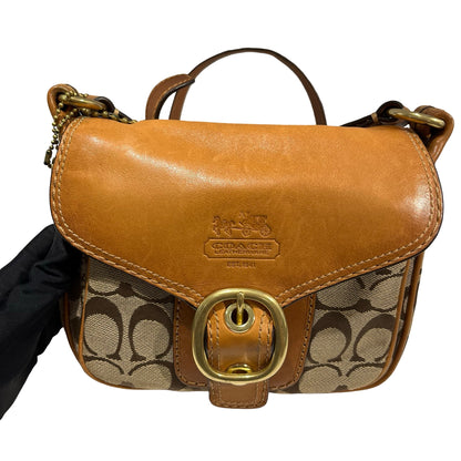 Used COACH Signature Canvas Leather Signature Canvas Flap Bag Crossbody Bag Brown Beige